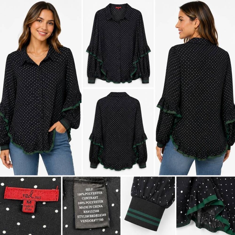 Red BKE Black Polka Dot Ruffle Button Blouse M